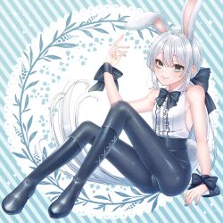 Rule 34 | 1boy, absurdres, androgynous, animal ears, aqua background, aqua eyes, black boots, black bow, black bowtie, black leggings, boots, bow, bowtie, bulge, commentary request, dragon quest, dragon quest x, grey nails, hair bow, hero (dq10), highres, kuro11 222, leggings, looking at viewer, low ponytail, male focus, male playboy bunny, ponytail, rabbit boy, rabbit ears, rabbit tail, shirt, sitting, sleeveless, sleeveless shirt, smile, solo, sparkle, striped background, tail, trap, white hair, white shirt, wrist bow