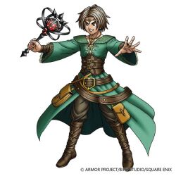 Rule 34 | 1boy, artist request, belt, boots, brown boots, brown bridal gauntlets, brown corset, brown eyes, brown hair, brown pants, circlet, collarbone, corset, dragon quest, dragon quest x, full body, green robe, grin, hero (dq10), holding, holding wand, jewelry, male focus, multiple belts, necklace, official art, pants, parted hair, robe, short hair, smile, solo, third-party source, wand, white background