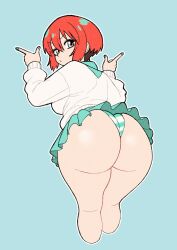 1girl amate_yuzuriha aqua_eyes aqua_nails aqua_skirt ass ass_focus blue_background breasts champchidi cropped_legs eyelashes finger_gun fingernails from_behind green_nails gundam gundam_gquuuuuux hands_up highres huge_ass index_finger_raised long_sleeves looking_at_viewer looking_back microskirt multicolored_eyes nail_polish o3o outline panties pleated_skirt red_eyes red_hair school_uniform short_hair simple_background skirt solo striped_clothes striped_panties sweater underwear v-shaped_eyebrows white_outline white_sweater