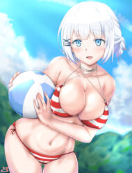 1girl artist_logo ball beachball bikini blue_eyes blue_sky breasts cleavage commentary cowboy_shot hair_ornament highres holding holding_ball holding_beachball large_breasts logo looking_at_viewer navel open_mouth red_bikini samenoido short_hair side-tie_bikini_bottom siesta_(tantei_wa_mou_shindeiru) sky smile solo striped_bikini striped_clothes swimsuit tantei_wa_mou_shindeiru white_hair