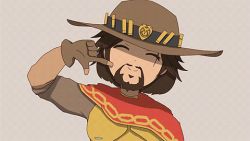 &gt;_&lt; 1boy 3girls ;q animated animated_gif bakyu-n!! blonde_hair bodysuit brown_hair cassidy_(overwatch) closed_eyes cowboy_hat d.va_(overwatch) facial_hair facial_mark gameplay_mechanics goatee hat long_hair lowres mecha_pilot_suit mechanical_wings mercy_(overwatch) multiple_girls one_eye_closed open_mouth overwatch overwatch_1 parody short_hair smile tongue tongue_out tracer_(overwatch) whisker_markings wings yuru_yuri