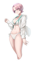 1girl absurdres arimura_mao bare_legs bikini breasts cleavage cropped_legs front-tie_bikini_top front-tie_top gakuen_idolmaster highres hood hooded_jacket idolmaster jacket jonero99 kimi_to_semi_blue_(idolmaster) long_sleeves looking_at_viewer medium_breasts navel open_clothes open_jacket pink_hair purple_eyes short_hair side-tie_bikini_bottom simple_background solo stomach swimsuit two-sided_fabric two-sided_jacket white_background white_bikini white_jacket