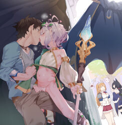 1boy 3girls absurdres animal_ears antenna_hair black_hair breasts brown_hair bulge cat_ears cat_girl cleavage closed_eyes closed_mouth commentary_request covered_erect_nipples detached_sleeves erection erection_under_clothes flat_chest french_kiss frottage gourmet_guild_(princess_connect!) heart heavy_breathing hetero highres holding holding_staff karochii karyl_(princess_connect!) kiss kokkoro_(princess_connect!) legs loli long_hair multiple_girls navel orange_hair panties pecorine_(princess_connect!) princess_connect! revision see-through_clothes see-through_sleeves short_hair side-tie_panties staff stomach sweat tiara tongue tongue_out underwear white_hair white_panties white_sleeves yuuki_(princess_connect!)