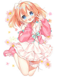 1girl :d blue_bow blue_eyes blush bow checkered_bow checkered_clothes collarbone commission detached_sleeves dotted_line dress fang flat_chest flower frilled_dress frills gau_(n00_shi) hair_between_eyes hair_bow hand_on_own_cheek hand_on_own_face highres idol layered_dress leg_ribbon legs_up looking_at_viewer medium_hair no_socks open_hand open_mouth orange_flower orange_hair original pink_flower pink_shirt pink_shoes pink_sleeves pixiv_commission ribbon sailor_collar sailor_dress shirt shoelaces shoes simple_background skin_fang smile solo thigh_ribbon white_background white_bow white_sailor_collar