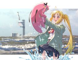 1girl ahoge animal animalization blonde_hair blue_skirt blush bocchi_the_rock! bow bowtie commentary cube_hair_ornament detached_ahoge feet_out_of_frame gibberish_commentary green_hoodie hair_ornament highres holding holding_animal hood hoodie ijichi_nijika long_hair long_sleeves looking_at_animal miniskirt myvia_mokols one_side_up open_clothes open_hoodie open_mouth photo_background pleated_skirt red_bow red_bowtie red_eyes rocket shirt side_ponytail sidelocks skirt smile very_long_hair white_shirt