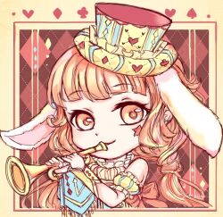 1girl animal_ears argyle_background bare_shoulders blunt_bangs border buttons chibi chinese_commentary closed_mouth club_(shape) commentary detached_sleeves diamond_(shape) dot_nose dress eyelashes facial_tattoo frilled_dress frills hair_tubes hat heart heart_print highres holding holding_instrument holding_trumpet instrument lan_sing lolita_fashion long_hair looking_at_viewer lop_rabbit_ears low_twintails miracle_nikki music nikki_(series) orange_hair outside_border playing_instrument puffy_short_sleeves puffy_sleeves rabbit_ears red_background short_sleeves signature sleeveless sleeveless_dress smile solo spade_(shape) star_(symbol) star_tattoo striped_clothes striped_dress tattoo top_hat trumpet tune_at_dawn_(miracle_nikki) twintails upper_body vertical-striped_clothes vertical-striped_dress vertical-striped_sleeves very_long_hair yellow_arm_warmers yellow_border yellow_dress yellow_eyes yellow_hat yellow_sleeves