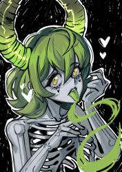 1girl black_background colored_skin defense_of_the_ancients dota_(series) dota_2 facial_mark green_horns grey_skin hair_between_eyes heart heart_facial_mark highres horns licking looking_at_viewer medium_hair nmormaan pugna_(dota) ribs solo tongue tongue_out upper_body yellow_eyes