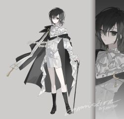 Rule 34 | 1boy, absurdres, androgynous, ascot, black hair, black socks, buttons, cane, closed mouth, coat, double-breasted, frills, full body, hair between eyes, highres, holding, holding cane, jewelry, long sleeves, looking at viewer, male focus, original, rgb12800, short hair, shorts, socks, solo, standing, white ascot, white shorts
