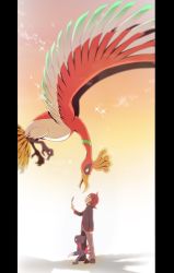 1boy commentary_request gen_2_pokemon grey_pants hand_up highres ho-oh holding legendary_pokemon long_sleeves looking_up male_focus medium_hair nagi_(exsit00) nintendo pants pillarboxed pokemon pokemon_(creature) pokemon_hgss rainbow_feather_(pokemon) red_hair shoes silver_(pokemon) sneasel sparkle standing