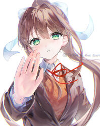 1girl artist_name blazer blush bow brown_hair brown_jacket chromatic_aberration collared_shirt crying crying_with_eyes_open doki_doki_literature_club doki_doki_literature_club_school_uniform green_eyes hair_between_eyes hair_bow hair_intakes hair_ribbon hand_up jacket lapels layered_sleeves long_hair long_sleeves looking_at_viewer monika_(doki_doki_literature_club) neck_ribbon notched_lapels open_hand open_mouth orange_sweater_vest orange_vest palms parted_lips ponytail red_ribbon ribbon sad school_uniform shirt sidelocks simple_background solo streaming_tears sweater_vest tears upper_body vest white_background white_bow white_shirt