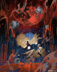 1boy 1girl arcade_(architecture) arch aurore_lee black_footwear black_hair black_vest blonde_hair blue_dress boots brown_footwear brown_pants building chinese_commentary church circle_of_inevitability closed_eyes commentary_request constellation dress fetal_position full_moon highres indoors jacket krusier lord_of_the_mysteries lumian_lee moon official_art own_hands_together pants red_moon shirt star_(symbol) vest watermark weibo_watermark white_shirt