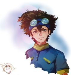 1boy baiyishaonian_huam brown_eyes brown_hair chibi chibi_inset digimon digimon_adventure goggles male_focus solo yagami_taichi