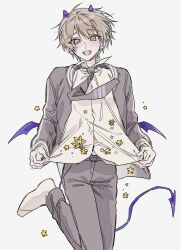 Rule 34 | 1boy, :d, belt, black belt, blush, brown hair, clothes lift, collared shirt, commentary, cone horns, demon boy, demon horns, demon tail, demon wings, dress shirt, floating neckwear, green eyes, grey background, grey jacket, grey necktie, grey pants, highres, horns, hoshirube sho, jacket, jumping, lifting own clothes, long sleeves, looking at viewer, male focus, mini wings, mummeo p, necktie, nijisanji, no shoes, open clothes, open jacket, open mouth, pants, purple horns, purple tail, purple wings, school uniform, shirt, shirt basket, shirt lift, short hair, simple background, small horns, smile, socks, solo, star (symbol), stellated octahedron, symbol-only commentary, tail, very short hair, virtual talent academy, virtual talent academy school uniform, virtual youtuber, white shirt, white socks, wings
