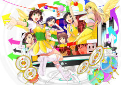 Rule 34 | 1boy, 6+girls, ahoge, akizuki ritsuko, amami haruka, antenna hair, arm up, arrow (symbol), black hair, blonde hair, blue hair, boots, brown eyes, brown hair, commentary request, dress, elbow gloves, floral (idolmaster), flower, futami mami, glasses, gloves, green eyes, hagiwara yukiho, hair flower, hair ornament, highres, hoshii miki, idol clothes, idolmaster, idolmaster (classic), idolmaster 2, kikuchi makoto, kisaragi chihaya, long hair, monitor, multiple girls, open mouth, otonashi kotori, outstretched arm, producer (idolmaster), producer (idolmaster anime), short hair, side ponytail, smile, tsurui, vital sunflower (idolmaster), white boots, white gloves, yellow dress