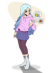 1girl absurdres andrea_davenport artsnaoto blue_hair boots brown_eyes freckles highres hood hoodie light_blue_hair long_hair multicolored_hair nose phone pink_hoodie skirt smile solo speech_bubble streaked_hair the_ghost_and_molly_mcgee