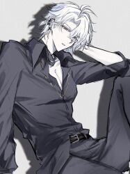 1boy akizu_25fw antenna_hair belt black_belt black_choker black_shirt blue_eyes choker collared_shirt earclip greyscale hand_on_own_head hand_up hashtag-only_commentary highres honkai:_star_rail honkai_(series) looking_at_viewer male_focus monochrome official_alternate_costume pants parted_bangs pectoral_cleavage pectorals phainon_(fashion)_(honkai:_star_rail) phainon_(honkai:_star_rail) shirt short_hair simple_background sitting sleeve_rolled_up solo spot_color spotlight twitter_username white_background white_hair