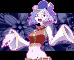 Rule 34 | 1girl, blue background, breasts, brown eyes, colored skin, commentary request, floral background, hat, hat ornament, jiangshi, letterboxed, medium breasts, midriff, miyako yoshika, nag.n, navel, newsboy cap, ofuda, open mouth, outside border, outstretched arms, pink skin, pointy ears, purple hair, purple hat, red vest, sharp teeth, shirt, solo, star (symbol), star hat ornament, teeth, touhou, upper body, vest, white shirt, zombie pose