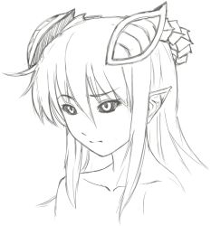1girl :s black_sclera closed_mouth collarbone colored_sclera demon_girl female_focus greyscale horns lilim_(monster_girl_encyclopedia) long_hair looking_to_the_side mari_(maritan) maritan_(pixelmaritan) monochrome monster_girl_encyclopedia nude original pointy_ears portrait simple_background solo unsure white_background