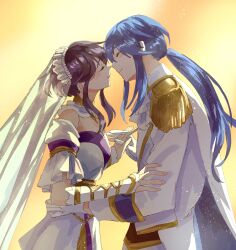Rule 34 | 1boy, 1girl, absurdres, alternate costume, blush, breasts, bridal veil, bride, cape, closed eyes, commission, commissioner upload, couple, dress, face-to-face, fingerless gloves, fire emblem, fire emblem: genealogy of the holy war, fire emblem heroes, formal clothes, fusenryo, gloves, groom, hair between eyes, hetero, highres, imminent kiss, interlocked fingers, larcei (fire emblem), long hair, medium breasts, nintendo, official alternate costume, ponytail, seliph (fire emblem), short hair, sidelocks, simple background, skeb commission, smile, strapless, strapless dress, suit, veil, wedding dress, white dress