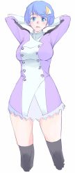 arms_behind_head arms_up black_thighhighs blue_eyes blue_hair breasts hair_ornament highres large_breasts looking_at_viewer scheris_adjani scryed short_hair simple_background sketch solo standing swept_bangs thighhighs thighs touge_hiro white_background