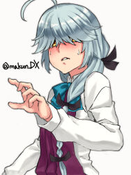 1girl ahoge aqua_bow aqua_bowtie bow bowtie braid brown_eyes collared_shirt dress dress_shirt grey_hair hair_over_eyes hamanami_(kancolle) highres kantai_collection long_hair long_sleeves maakun_(makun_dx) one-hour_drawing_challenge parted_bangs parted_lips pleated_dress purple_dress shirt simple_background single_braid solo twitter_username white_background white_shirt