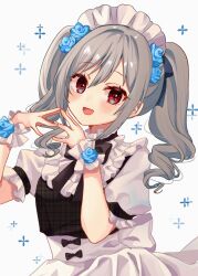 1girl :d apron black_bow black_dress blue_flower blue_rose blush bow commentary_request dress flower grey_background hair_between_eyes hair_flower hair_ornament hands_up highres idolmaster idolmaster_cinderella_girls idolmaster_cinderella_girls_starlight_stage kanzaki_ranko looking_at_viewer maid maid_headdress open_mouth puffy_short_sleeves puffy_sleeves red_eyes ringlets rino_cnc rose short_sleeves simple_background smile solo steepled_fingers twintails white_apron wrist_cuffs