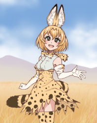10s 1girl :d animal_ears animal_print bare_shoulders black_hair blonde_hair blue_sky bow bowtie breasts day elbow_gloves eyelashes female_focus gloves hair_between_eyes high-waist_skirt highres kemono_friends looking_at_viewer medium_breasts miniskirt multicolored_bow multicolored_bowtie multicolored_gloves multicolored_hair multicolored_legwear multicolored_neckwear multicolored_skirt open_mouth savannah serval_(kemono_friends) serval_tail shirt short_hair skirt sky sleeveless sleeveless_shirt smile solo spots standing suzushiro_(suzushiro333) tail teeth thighhighs two-tone_bow two-tone_bowtie two-tone_hair white_skirt yellow_skirt yellow_thighhighs zettai_ryouiki