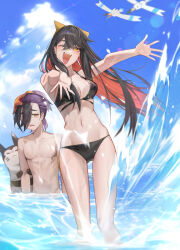 1boy 1girl :&lt; absurdres bikini black_bikini black_hair blue_sky blush breasts brother_and_sister carmine_(pokemon) closed_mouth cloud commentary_request crossed_bangs curvy day furret gen_2_pokemon gen_3_pokemon hair_between_eyes hairband happy highres kieran_(pokemon) kyuri_(suika) long_hair looking_at_viewer medium_breasts mole mole_on_neck mole_under_eye multicolored_hair multiple_others nintendo ocean one_eye_closed open_mouth orange_eyes outdoors pokemon pokemon_(creature) pokemon_sv purple_hair red_hair siblings sky splashing starfish swimsuit topless_male two-tone_hair wading water wet wide_hips wingull