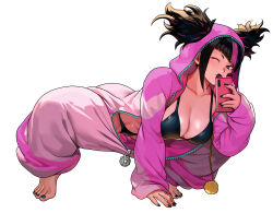 Rule 34 | 1girl, absurdres, all fours, barefoot, black bra, black hair, black nails, black panties, bra, breasts, cellphone, cleavage, commentary request, hair through hood, han juri, highres, multicolored hair, nail polish, official alternate costume, official alternate hairstyle, one eye closed, onesie, panties, panty peek, phone, pink hair, simple background, smartphone, smartphone case, solo, streaked hair, street fighter, street fighter 6, toenail polish, toenails, toned, toned female, twintails, underwear, unzipped, yagi (joe731842)