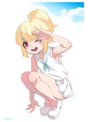Rule 34 | 1girl, aqua hair, arm support, arm up, bare legs, bare shoulders, blonde hair, blue sky, cloud, facial mark, full body, gradient background, high ponytail, highres, medium hair, mudou eichi, multicolored hair, one eye closed, open mouth, original, ponytail, red eyes, sailor collar, salute, shirt, sidelocks, skirt, sky, sleeveless, sleeveless shirt, smile, solo, squatting, star (symbol), star facial mark, streaked hair, teeth, two-tone hair, white footwear, white sailor collar, white shirt, white skirt