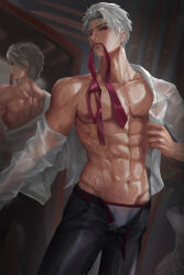 1boy abs absurdres belt bishounen black_pants cglas grey_hair highres indoors looking_at_viewer love_and_deepspace male_focus male_underwear mirror mouth_hold navel necktie necktie_in_mouth nipples open_belt pants pectorals red_eyes see-through_clothes solo standing sylus_(love_and_deepspace) toned underwear undressing wet wet_clothes white_hair white_male_underwear