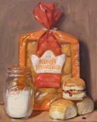 bread commentary english_commentary food highres jar milk no_humans noah_verrier oil_painting_(medium) original painting_(medium) peanut_butter_and_jelly_sandwich sandwich still_life traditional_media