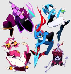5girls armlet arthropod_girl axe bell black_boots black_hair black_leotard black_sclera blue_pants blue_skin boots bracelet cat_girl cat_tail colored_sclera colored_skin commentary cup deltarune disembodied_head dress english_commentary extra_arms extra_eyes eyepatch fins fish_girl gloves hair_bell hair_ornament head_fins high_heel_boots high_heels highres holding holding_axe holding_cup holding_polearm holding_weapon insect_girl jewelry kanianoreki laughing leotard long_hair mad_mew_mew muffet multiple_girls pants pink_dress pink_hair polearm ponytail puffy_short_sleeves puffy_sleeves purple_pants purple_skin queen_(deltarune) red_boots red_hair sharp_teeth short_sleeves spear spider_girl spiked_armlet spiked_bracelet spikes susie_(deltarune) tail teeth twitter_username undertale undyne weapon white_dress white_gloves yellow_sclera
