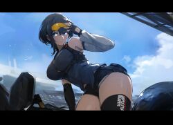 Rule 34 | 1girl, belt, bird/binary, black gloves, black hair, blue eyes, blue sky, breasts, ciel (bird/binary), closed mouth, cloud, cloudy sky, denim, denim shorts, eyewear on head, gloves, goggles, goggles on head, highres, large breasts, las91214, letterboxed, short hair, short shorts, shorts, sky, solo, strap, thick thighs, thighhighs, thighs, tinted eyewear, yellow-tinted eyewear