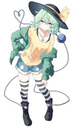 Rule 34 | 1girl, absurdres, alternate costume, black boots, black hat, black thighhighs, blue shorts, boots, bow, bra strap, collarbone, commentary request, contemporary, denim, denim shorts, eyeball, full body, green eyes, green hair, green jacket, hair between eyes, hat, hat bow, hat ribbon, heart, heart of string, highres, jacket, jewelry, koishi day, komeiji koishi, lace-up boots, long sleeves, looking at viewer, medium hair, necklace, open clothes, open jacket, outline, pendant, pioartstuff, ribbon, shirt, shorts, solo, standing, striped clothes, striped thighhighs, thighhighs, third eye, touhou, transparent background, white thighhighs, yellow bow, yellow outline, yellow ribbon, yellow shirt