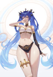 1girl absurdres armlet bare_shoulders bikini black_bikini black_ribbon blue_eyes blue_hair blush breasts cleavage commentary cosplay covering_own_mouth cowboy_shot fate/grand_order fate_(series) fingernails gluteal_fold hair_ribbon hand_up headgear highres ishtar_(fate) ishtar_(fate)_(cosplay) iuno_(wuthering_waves) jewelry long_hair looking_at_viewer medium_breasts mismatched_bikini navel ribbon solo stomach swimsuit tearing_up thigh_gap thighs toroe02 twintails very_long_hair white_bikini wuthering_waves