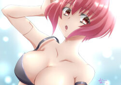 1girl :o artist_request breasts cleavage earrings female_focus gloves hand_in_own_hair jewelry joints large_breasts looking_at_viewer open_mouth red_eyes red_hair saber_marionette_j shiny_skin short_hair simple_background solo tiger_(saber_j) wide_hips
