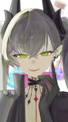 1girl absurdres black_cloak black_hands body_markings breasts choker cloak colored_extremities crossed_bangs demon_girl demon_horns ear_piercing fangs fate/grand_order fate_(series) funengliang_(naidesu) green_eyes grey_hair hair_between_eyes highres horns lilith_(fate) lilith_(second_ascension)_(fate) long_hair looking_at_viewer parted_lips piercing pointy_ears small_breasts smile solo twintails very_long_hair