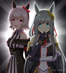 2girls animal_ears blue_eyes blunt_bangs blush breasts chrono_genesis_(umamusume) commentary_request curren_chan_(umamusume) detached_sleeves grey_background hair_between_eyes hair_ornament highres horse_girl kasumi_uzuki long_hair looking_at_viewer medium_breasts multiple_girls purple_eyes simple_background small_breasts smile umamusume