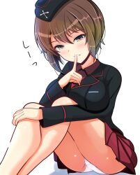 Rule 34 | 1girl, ass, breasts, brown eyes, brown hair, crotch, finger to mouth, girls und panzer, kumaisao, kuromorimine military uniform, large breasts, looking at viewer, military uniform, miniskirt, nishizumi maho, panties, pantyshot, red skirt, short hair, simple background, skirt, smile, solo, underwear, white background, white panties