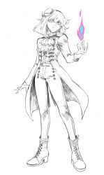 1boy ascot bae_(baebae) boots fire graphite_(medium) green_fire hat highres lio_fotia long_coat male_focus mini_hat mixed_media peacoat promare purple_fire pyrokinesis solo tilted_headwear traditional_media