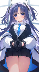 1girl black_gloves black_skirt blue_archive blue_necktie blush breasts closed_mouth collared_shirt cowboy_shot formal_clothes gloves halo jacket long_hair long_sleeves looking_at_viewer mechanical_halo medium_breasts multicolored_jacket necktie pleated_skirt purple_eyes purple_hair shirt skirt solo suimya suit two-tone_jacket two_side_up white_jacket white_shirt yuuka_(blue_archive)