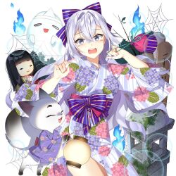 1girl animal doll ghost grey_eyes grey_hair japanese_clothes kimono long_hair multicolored_eyes obi obi_bow open_mouth purple_eyes roselia_violet salt_(salty) sash uchi_no_hime-sama_ga_ichiban_kawaii yukata
