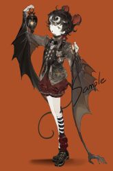 1girl animal_ears bat_ears bat_girl bat_tail bat_wings bbchao black_hair black_jacket black_shoes black_wings demon_wings full_body highres holding holding_lantern jacket lantern long_sleeves looking_at_viewer multicolored_hair nail_polish original red_eyes red_shorts sample_watermark shoes short_hair shorts simple_background socks solo standing streaked_hair striped_clothes striped_socks stuffed_animal stuffed_toy teddy_bear watermark white_hair winged_arms wings