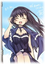 Rule 34 | 1girl, black hair, black hairband, blue camisole, blue capelet, blue choker, blue skirt, camisole, capelet, choker, closed eyes, collarbone, episode number, frilled capelet, frilled choker, frills, hairband, hand in own hair, hand up, highres, kushima kamome, open mouth, signature, sitting, skirt, smile, solo, summer pockets, translated, yanagikawa saki