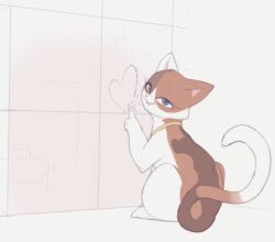 Rule 34 | :3, animal collar, animal focus, blue eyes, breath, brown eyes, cat, claw mark, claws, collar, drawing (action), from behind, full body, half-closed eyes, hand up, happy, heart, heterochromia, kekitopu, looking at viewer, looking back, minecraft, minecraft youtube, no humans, open mouth, seductive smile, sitting, smile, solo, ulla britta