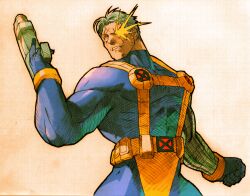 1boy belt bengus bodysuit cable_(marvel) capcom clenched_hand game_cg glowing glowing_eye gun handgun highres holding holding_gun holding_weapon looking_to_the_side male_focus marvel marvel_vs._capcom marvel_vs._capcom_2 muscular muscular_male non-web_source official_art prosthesis prosthetic_arm scan sidelighting simple_background solo standing superhero_costume teeth two-tone_bodysuit utility_belt weapon white_hair x-men yellow_bodysuit