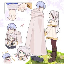 1boy 1girl black_footwear blowing_kiss blue_eyes blue_hair boots brown_pantyhose cape capelet commentary dress english_commentary frieren heart highres himmel_(sousou_no_frieren) hyo-ren long_sleeves musical_note o3o pantyhose pointy_ears short_hair sousou_no_frieren twintails white_background white_cape white_capelet white_dress white_hair
