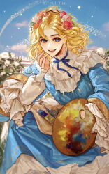 1boy absurdres aged_down androgynous axis_powers_hetalia blonde_hair blue_eyes blue_sky blue_tunic child cloud day flower france_(hetalia) hair_flower hair_ornament highres holding holding_paint_palette icy_suluoluo long_sleeves looking_at_viewer male_focus medium_hair open_mouth outdoors paint_palette paint_tube paintbrush sky smile solo trap tunic wavy_hair