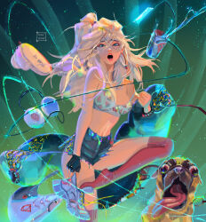 1girl :o bag black_gloves blonde_hair blue_eyes bow bow_bra bra breasts casual cellphone cleavage crop_top cup dc_comics dog dressing earrings eyeliner fingerless_gloves food_print fruit_print gloves green_background hair_between_eyes headphones highres hoop_earrings jewelry krypto_the_superdog light_particles long_hair looking_at_viewer makeup medium_breasts midriff navel phone pink_eyeliner pink_lips print_bra red_bow red_thighhighs short_shorts shorts side_ponytail single_fingerless_glove smartphone solo spilling supergirl superman_(series) superman_logo tatti_art teeth thighhighs underwear upper_teeth_only watermelon_print white_bra